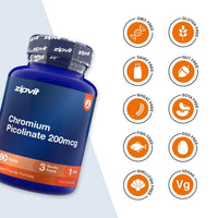 A blue bottle of zipvit Chromium Picolinate 200mcg dietary supplement shown on a white background with multiple orange circular icons indicating product attributes such as GMO free, gluten free, dairy free, nut free, wheat free, soy free, fish free, egg free, shellfish free, and vegan.
