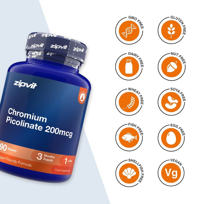A blue bottle of zipvit Chromium Picolinate 200mcg dietary supplement shown on a white background with multiple orange circular icons indicating product attributes such as GMO free, gluten free, dairy free, nut free, wheat free, soy free, fish free, egg free, shellfish free, and vegan.