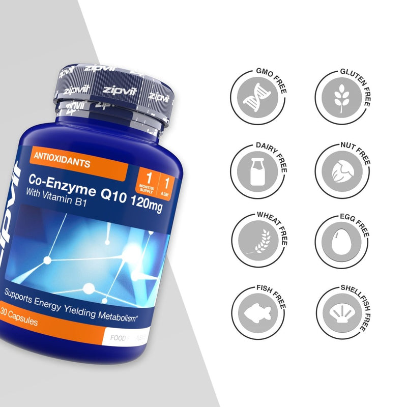 Close up of Co-Enzyme Q10 120mg bottle with antioxidant label and multiple allergen free icons