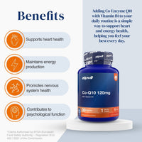 A blue and orange zipvit Co-Q10 120mg dietary supplement bottle displayed on a white pedestal, next to a light blue panel detailing the benefits of Co Enzyme Q10.
