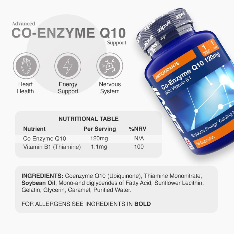 Co-Enzyme Q10 120mg bottle with antioxidant label and allergen free icons