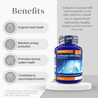 Benefits infographic for Co-Enzyme Q10 showing a bottle beside icons and text about heart energy nervous system function