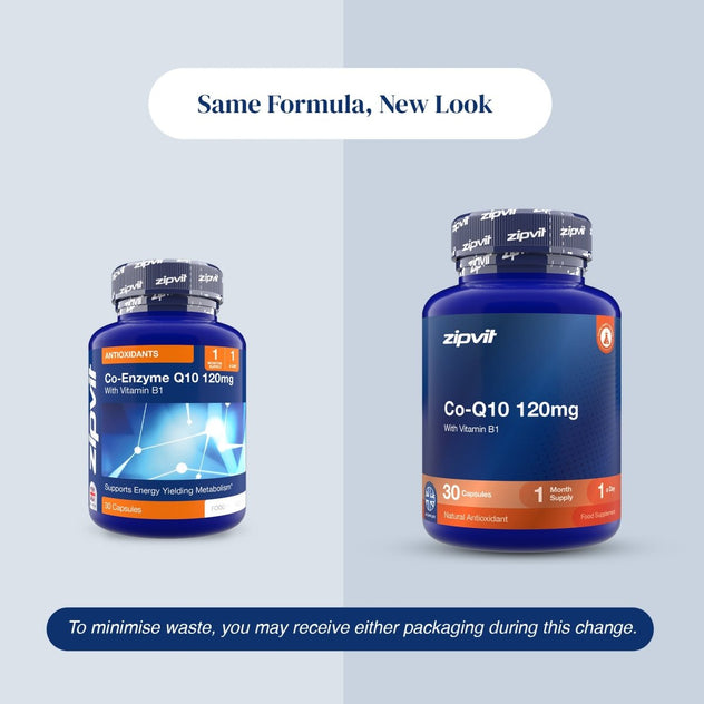 Two blue supplement bottles labeled zipvit Co-Enzyme Q10 120mg with Vitamin E2 are shown on a light gray background with text reading 'Same Formula, New Look' and a note about minimizing waste.