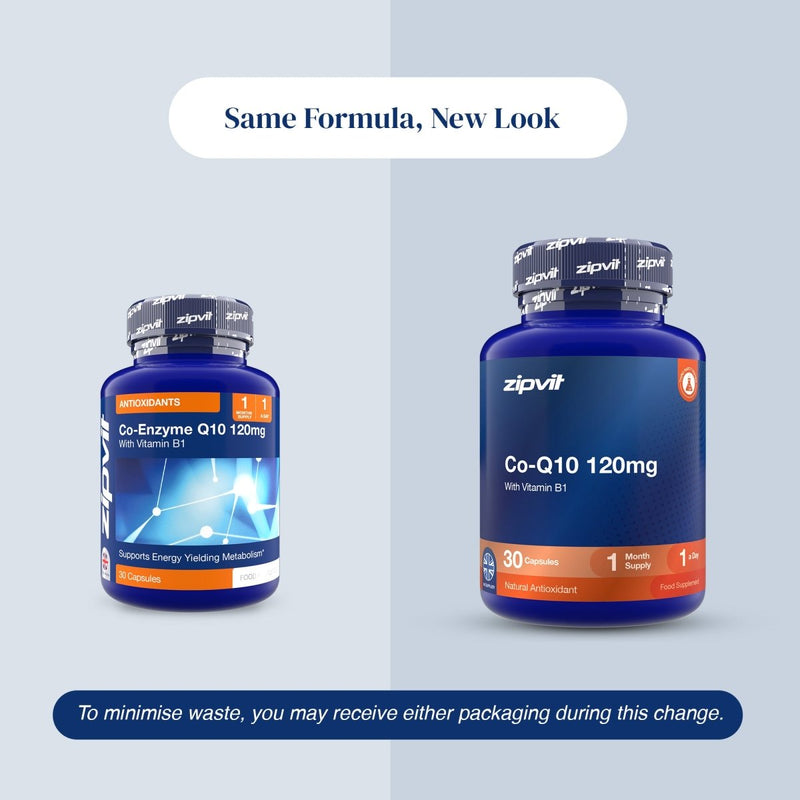 Two blue supplement bottles labeled zipvit Co-Enzyme Q10 120mg with Vitamin E2 are shown on a light gray background with text reading 'Same Formula, New Look' and a note about minimizing waste.