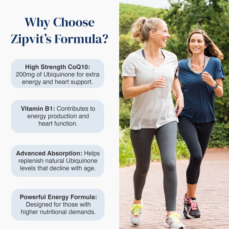Promotional graphic for Zipvit's Formula showing two women jogging outdoors on a paved path, alongside text listing benefits such as high strength CoQ10, Vitamin B1, advanced absorption, and powerful energy formula.