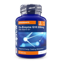 Blue bottle labeled Co-Enzyme Q10 200mg with Vitamin B1 and antioxidants, 60 capsules