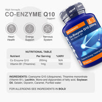 Blue Co-Enzyme Q10 200mg supplement bottle angled against a light background with heart health energy and nervous system icons