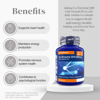 Benefits panel for Co-Enzyme Q10 showing heart health and energy production icons beside the blue bottle