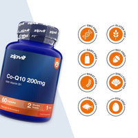 A blue bottle of zipvit Co-Q10 200mg dietary supplement shown on a white background with eight orange circular icons indicating dietary features like GMO Free, Gluten Free, Dairy Free, Nut Free, Wheat Free, Shell Fish Free, Fish Free, and Egg Free.