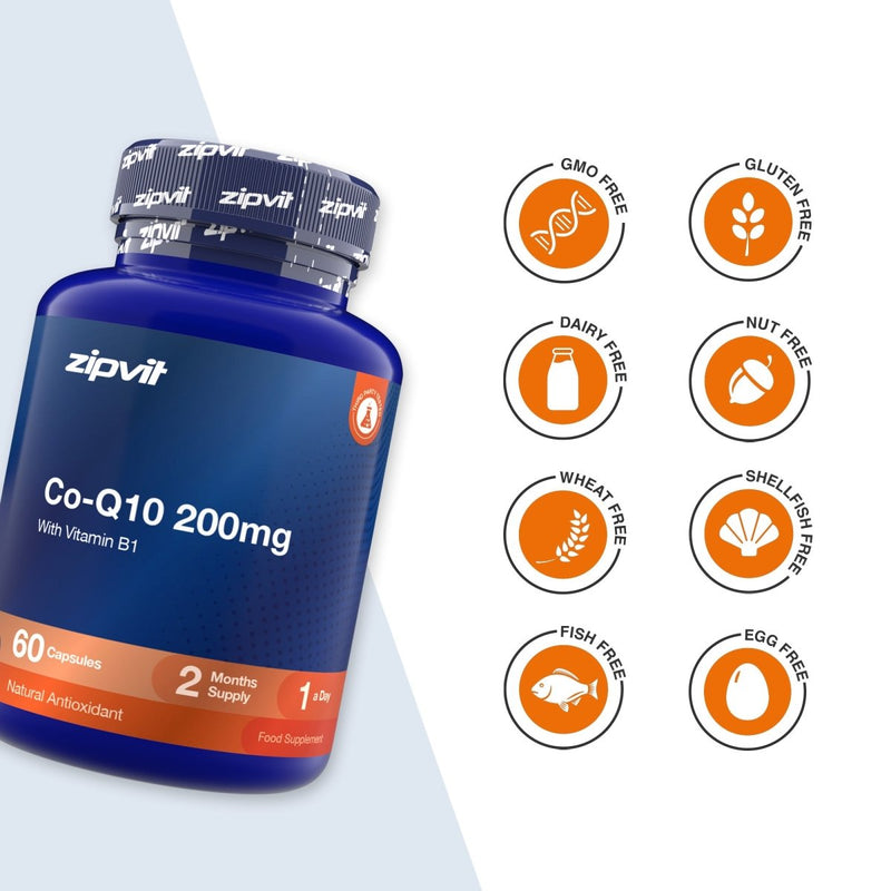 A blue bottle of zipvit Co-Q10 200mg dietary supplement shown on a white background with eight orange circular icons indicating dietary features like GMO Free, Gluten Free, Dairy Free, Nut Free, Wheat Free, Shell Fish Free, Fish Free, and Egg Free.