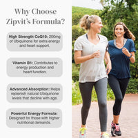 Why Choose Zipvit's Formula heading with benefits on left and two runners beside the Co-Enzyme Q10 bottle