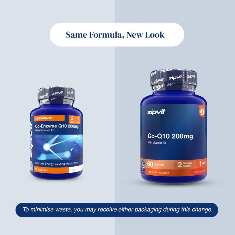 Two blue supplement bottles of zipvit Co-Q10 200mg shown on a light gray background with text reading 'Same Formula, New Look' and a note about minimizing waste.