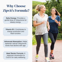 “Two women jogging outdoors beside text explaining Zipvit’s CoQ10 formula: gentle daily ubiquinone for steady energy, vitamin B1 for energy production and heart function, support for age-related ubiquinone decline, and a balanced starter formula for daily wellbeing.