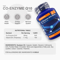 Angled blue bottle of Co-Enzyme Q10 30mg with a nutrition table and ingredients section visible beside.