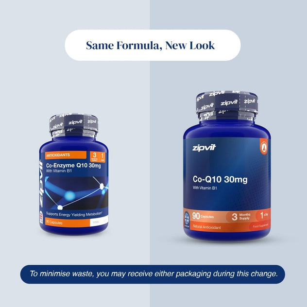 Two blue supplement bottles of zipvit Co-Enzyme Q10 30mg are shown on a light gray background with text reading 'Same Formula, New Look' and a note about minimizing waste due to packaging change.