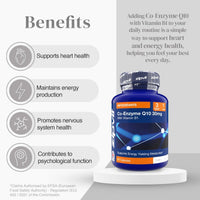 Blue Co-Enzyme Q10 30mg bottle on the right with four benefits on the left including heart health and energy production.