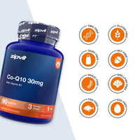 A blue bottle of zipvit Co-Q10 30mg dietary supplement with Vitamin B1, shown alongside seven orange circular icons indicating dietary benefits: GMO Free, Gluten Free, Dairy Free, Nut Free, Wheat Free, Shell Fish Free, and Egg Free.