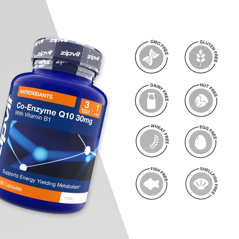 Blue Co-Enzyme Q10 30mg supplement bottle angled left with antioxidant label