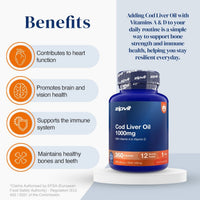 A bottle of zipvit Cod Liver Oil 1000mg supplement displayed on a white pedestal against a light blue background, with a benefits infographic on the left showing heart, brain, immune system, and bone health benefits.
