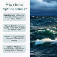 Why Choose Zipvit Formula panel highlighting high strength 1000mg Cod Liver Oil with EPA DHA vitamins A and D and no fishy aftertaste beside an ocean backdrop