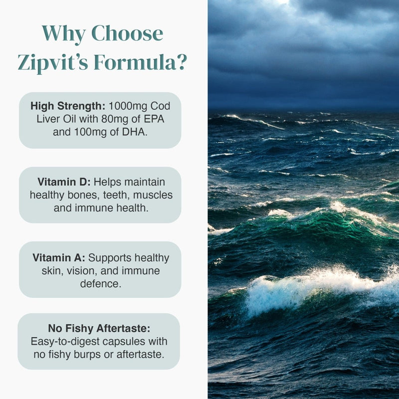 Why Choose Zipvit Formula panel highlighting high strength 1000mg Cod Liver Oil with EPA DHA vitamins A and D and no fishy aftertaste beside an ocean backdrop