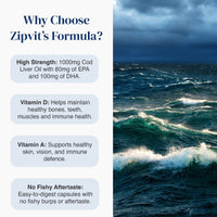 Promotional graphic for Zipvit's Formula with text on the left reading 'Why Choose Zipvit's Formulaa?' and four benefit callouts, alongside a dramatic ocean scene with dark stormy waves on the right.