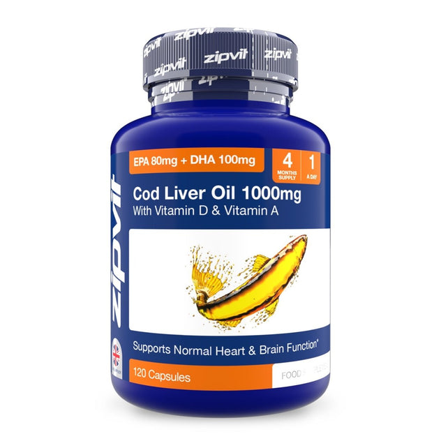Cod Liver Oil 1000mg bottle with vitamin D and A on the label and a banana graphic on the front