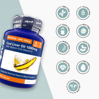 Blue Cod Liver Oil 1000mg bottle with Vitamin A and Vitamin D on the label and free from icons to the right against a pale background