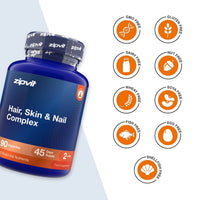 A blue bottle of zipvit Hair, Skin & Nail Complex dietary supplement shown on a white background with multiple orange circular icons indicating dietary certifications such as GMO Free, Gluten Free, Dairy Free, Nut Free, Wheat Free, Soya Free, Fish Free, Egg Free, and Shellfish Free.