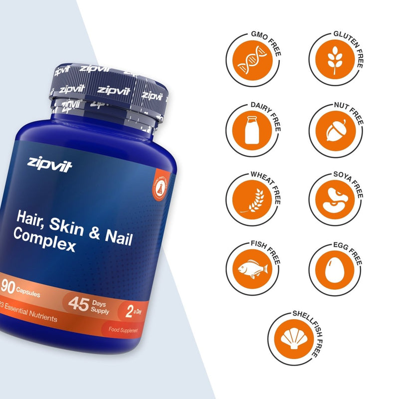 A blue bottle of zipvit Hair, Skin & Nail Complex dietary supplement shown on a white background with multiple orange circular icons indicating dietary certifications such as GMO Free, Gluten Free, Dairy Free, Nut Free, Wheat Free, Soya Free, Fish Free, Egg Free, and Shellfish Free.