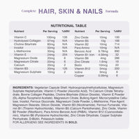 Blue bottle of Complete Hair, Skin & Nails supplement with a purple label and a smiling woman on the front.