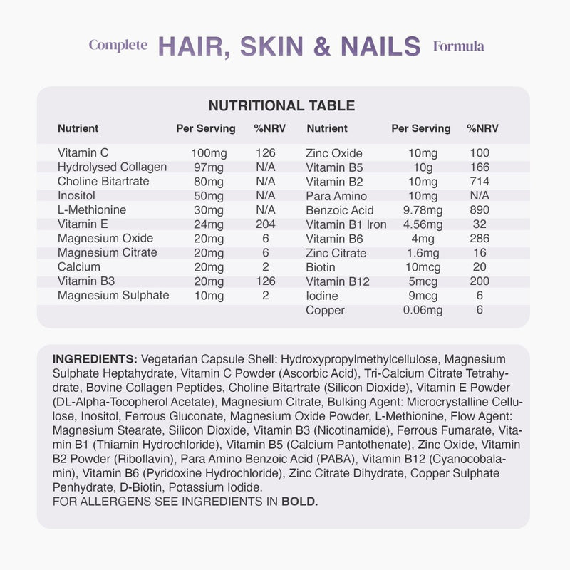 Blue bottle of Complete Hair, Skin & Nails supplement with a purple label and a smiling woman on the front.