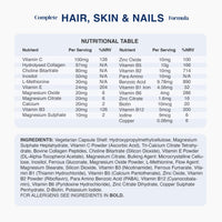 A nutrition table and ingredients list for a hair, skin, and nails formula. The table lists nutrients such as Hyaluronic Collagen, Zinc Oxide, Vitamin B5, and Copper with serving sizes and %NRV.