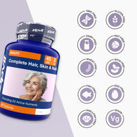 Complete Hair Skin Nails bottle with nine free from icons including GMO Free Gluten Free Dairy Free Nut Free Wheat Free Soya Free Fish Free Egg Free Shellfish Free and Vegan.
