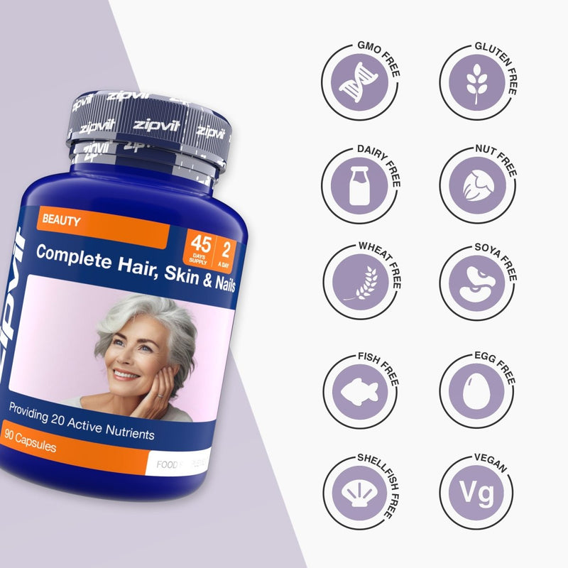 Complete Hair Skin Nails bottle with nine free from icons including GMO Free Gluten Free Dairy Free Nut Free Wheat Free Soya Free Fish Free Egg Free Shellfish Free and Vegan.
