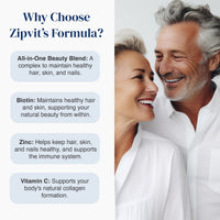 Promotional graphic for Zipvit's Formula with text on the left and a smiling older couple on the right. The text lists benefits: all-in-one beauty blend, biotin, zinc, and vitamin C.
