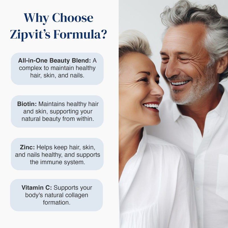 Promotional graphic for Zipvit's Formula with text on the left and a smiling older couple on the right. The text lists benefits: all-in-one beauty blend, biotin, zinc, and vitamin C.