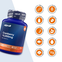 A blue bottle of zipvit Cranberry 10,000mg dietary supplement shown on a white background with multiple orange circular icons indicating dietary certifications such as GMO Free, Gluten Free, Dairy Free, Nut Free, Wheat Free, Soya Free, Fish Free, Egg Free, Shell Fish Free, and Vegan.