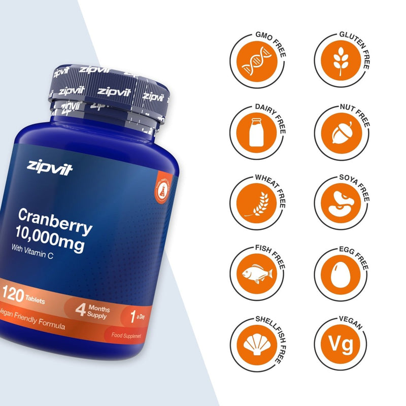 A blue bottle of zipvit Cranberry 10,000mg dietary supplement shown on a white background with multiple orange circular icons indicating dietary certifications such as GMO Free, Gluten Free, Dairy Free, Nut Free, Wheat Free, Soya Free, Fish Free, Egg Free, Shell Fish Free, and Vegan.