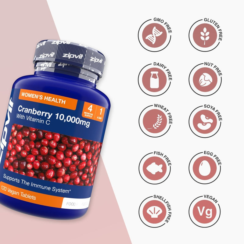 Blue Cranberry 10,000mg extract bottle with vitamin C and 120 vegan tablets