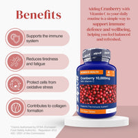 Promotional graphic for Cranberry 10,000mg Extract with benefits listed on the left and the bottle on the right