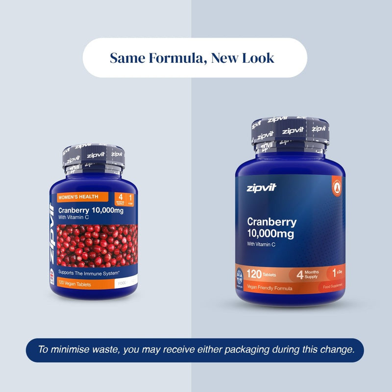 Two blue supplement bottles of zipvit Cranberry 10,000mg shown on a split light gray background with the headline 'Same Formula, New Look' and a note about minimizing waste.