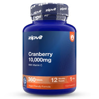 A blue bottle of zipvit Cranberry 10,000mg dietary supplement with Vitamin C, containing 360 tablets for 12 months supply. The bottle has a dark blue label with white text and orange accents, and a matching dark blue cap with the brand name 'zipvit' repeated.