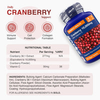 Product infographic showing a tilted Cranberry 10,000mg bottle on the right and daily support icons and a nutrition table on the left
