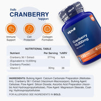 A bottle of zipvit Cranberry 10,000mg supplement shown on a light gray background with marketing icons, a nutritional table, and ingredients text. The bottle is dark blue with a black cap and orange label accents.