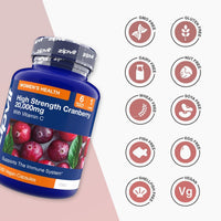 Cranberry 20,000mg Extract bottle angled left beside nine allergen free icons