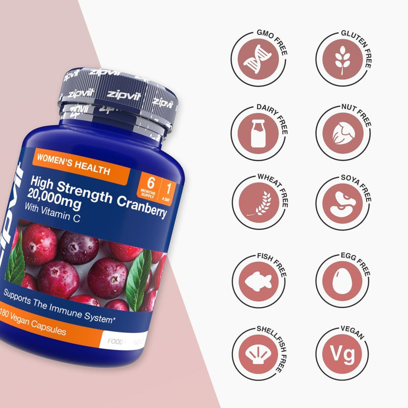 Cranberry 20,000mg Extract bottle angled left beside nine allergen free icons