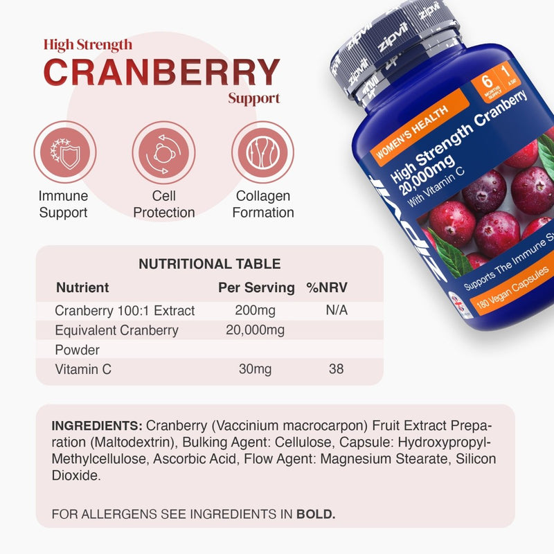 Blue bottle of High Strength Cranberry 20,000mg Extract with vitamin C label and cranberry imagery, angled against a light background