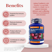 Close up of blue Cranberry 20,000mg Extract bottle showing the label and cranberry imagery.
