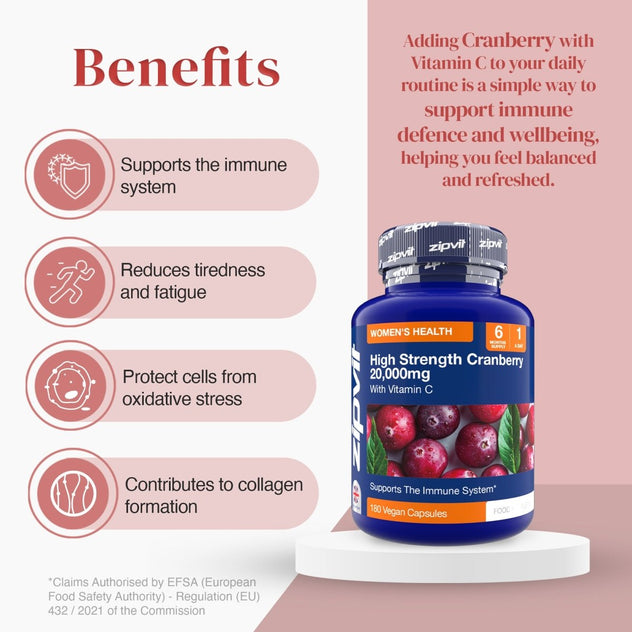 Close up of blue Cranberry 20,000mg Extract bottle showing the label and cranberry imagery.